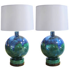Striking Pair of Danish Blue and Green Drip-Glazed Ceramic Orb-Form Lamps