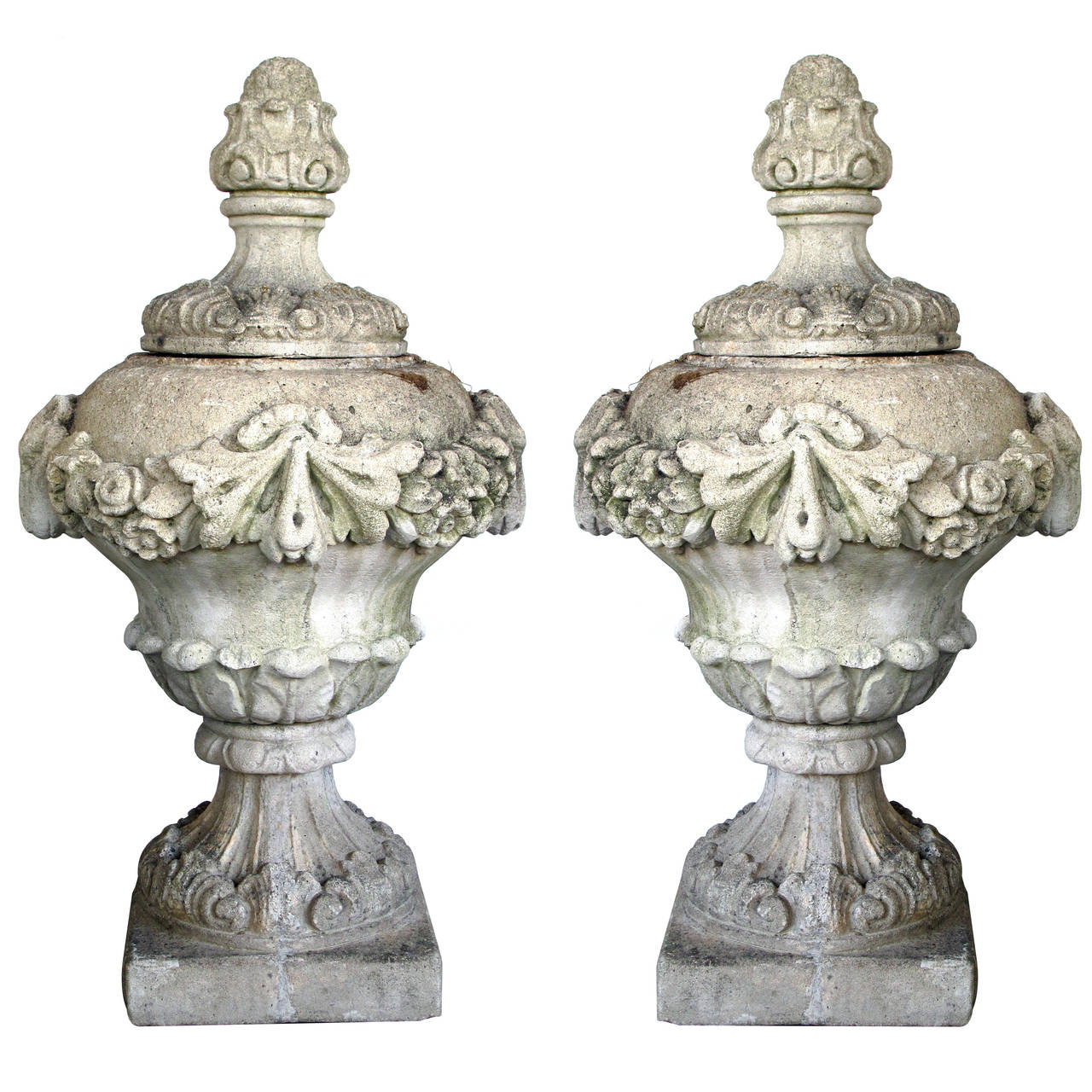 Pair of English Cast Stone UrnForm Finials with Swag and Ram'sHead