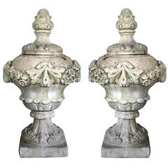 Antique Pair of English Cast Stone Urn-Form Finials with Swag and Ram's-Head Motif