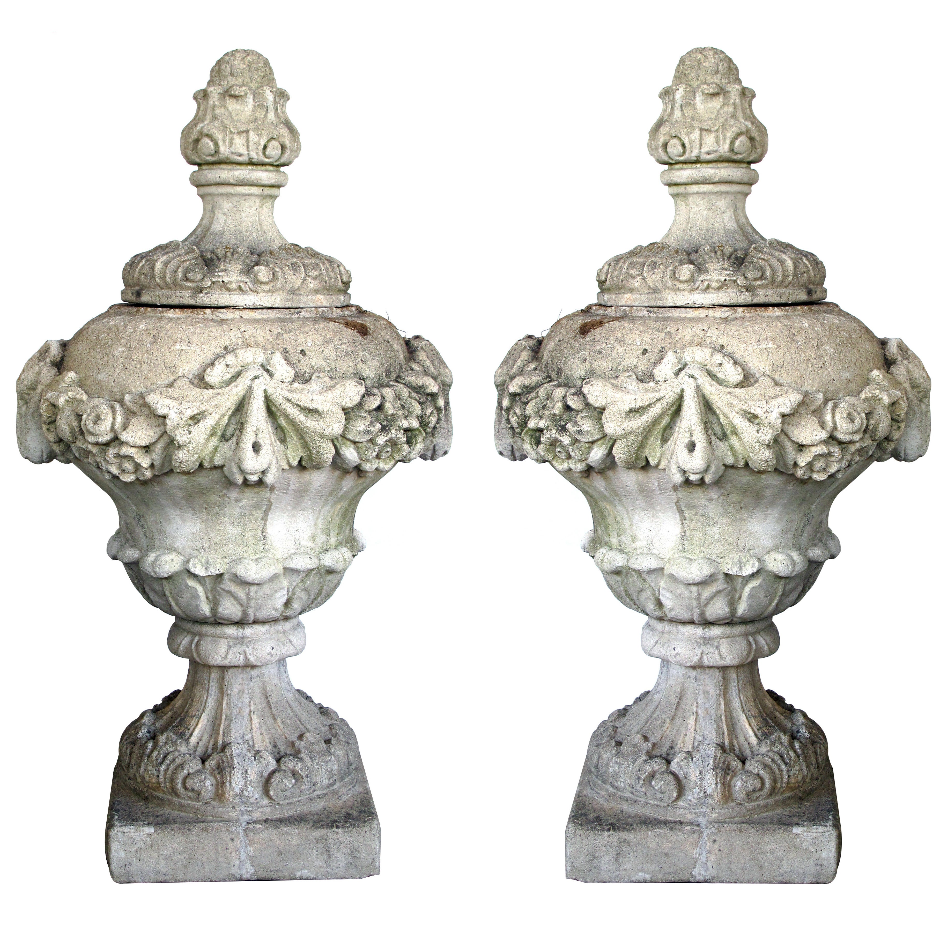 Pair of English Cast Stone Urn-Form Finials with Swag and Ram's-Head Motif