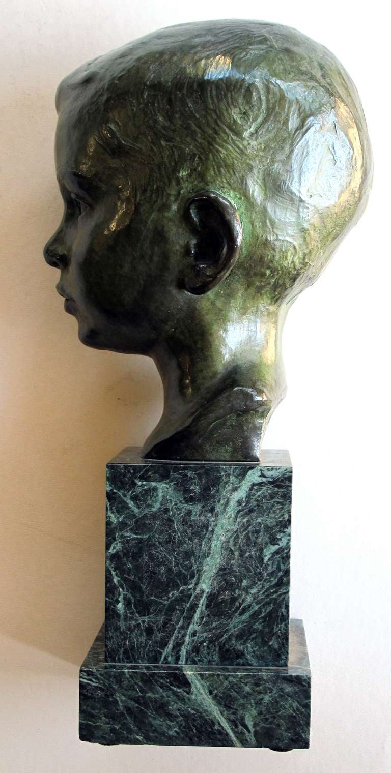 A Beautifully Rendered American 1940's Bronze Bust of a Young Boy; by JG Kendall In Excellent Condition For Sale In San Francisco, CA