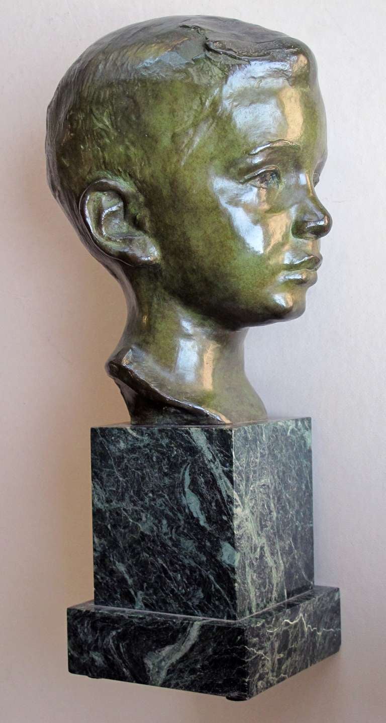 Mid-20th Century A Beautifully Rendered American 1940's Bronze Bust of a Young Boy; by JG Kendall For Sale
