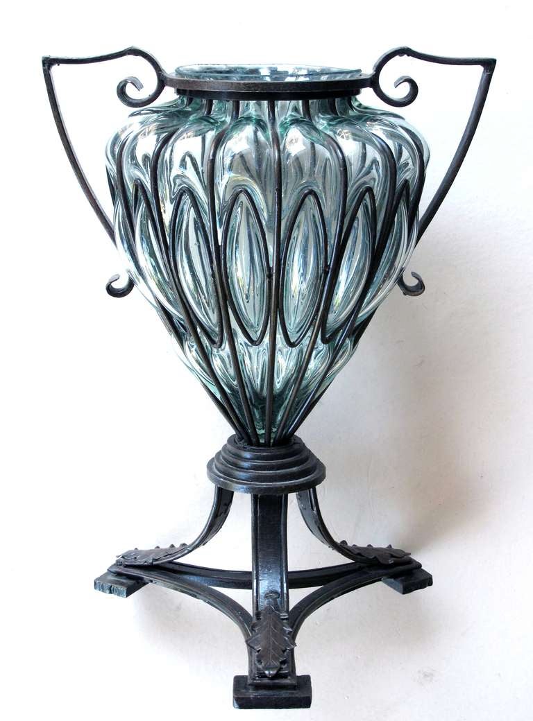 A Large Murano Aquamarine Blown Glass Urn in Wrought Iron Frame at 1stDibs