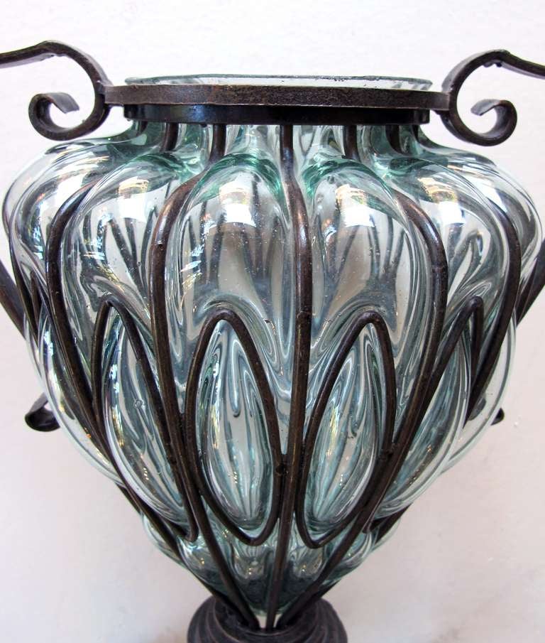 A Large Murano Aquamarine Blown Glass Urn in Wrought Iron Frame at 1stDibs