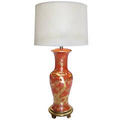 Tall American 1960s Orange and Red Porcelain Lamp with Gilt Decoration by Marbro