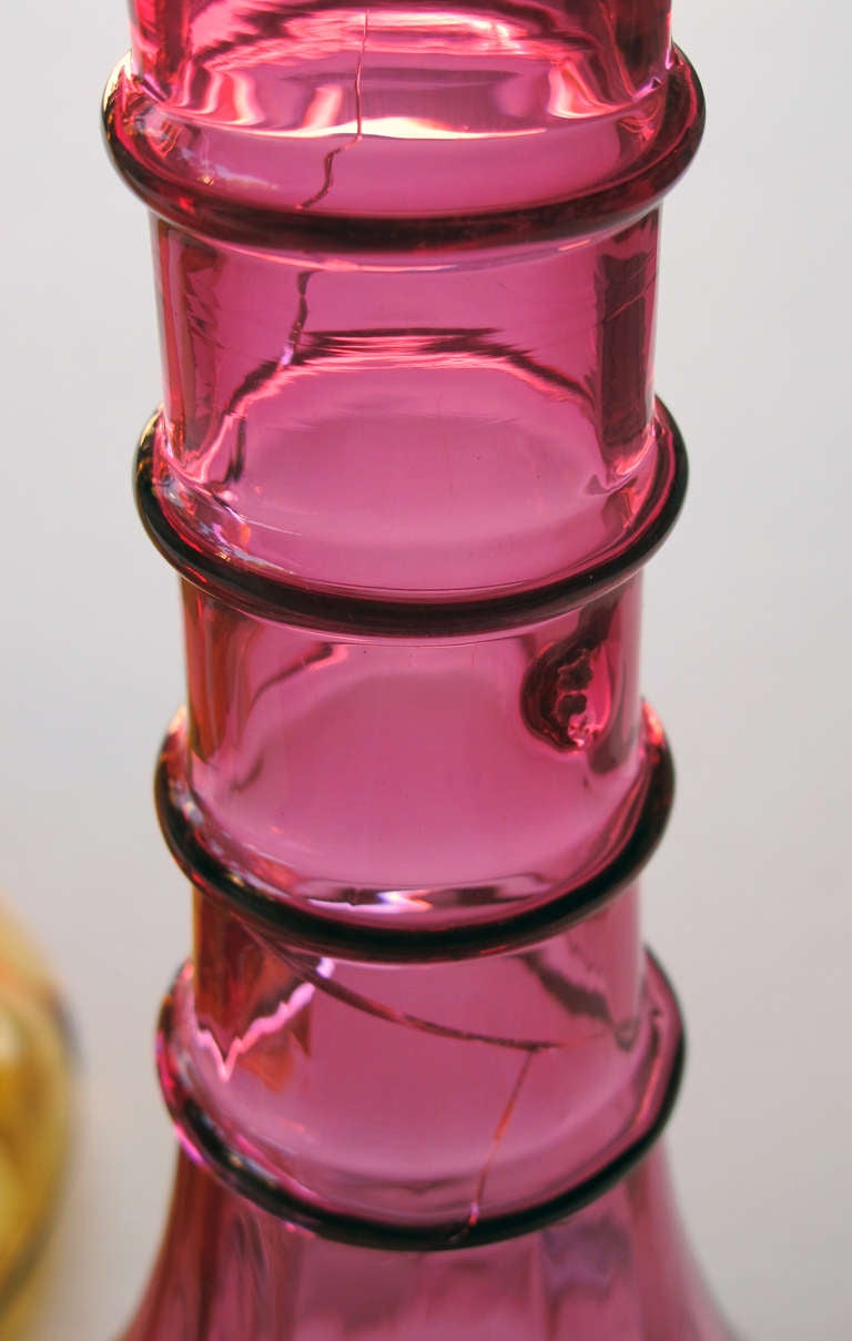 A Stylish & Tall Pair of Murano 1960's Amber and Aubergine Glass Decanters