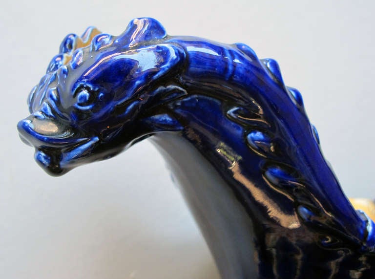 Pair of Italian Cobalt Glazed Majolica Ewers with Raised Decoration 3