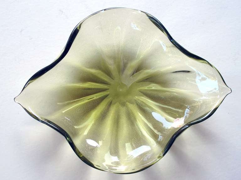 Mid-20th Century Large Murano Olive Green Art Glass Leaf-Form Bowl w/ Gold Inclusions by Barbini