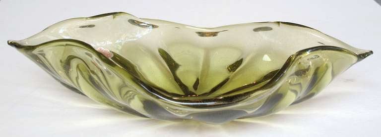 Large Murano Olive Green Art Glass Leaf-Form Bowl w/ Gold Inclusions by Barbini 1