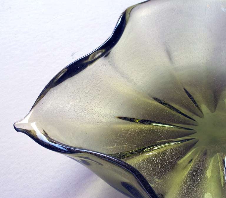 Italian Large Murano Olive Green Art Glass Leaf-Form Bowl w/ Gold Inclusions by Barbini