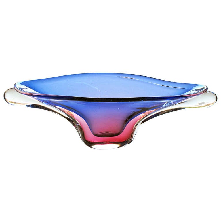 Impressive Seguso Murano Elliptical-Form Glass Bowl in Hues of Blue & Aubergine