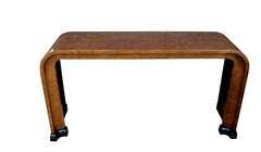 Antique A Striking and Warmly-Patinated English Art Deco Burlwood Waterfall Form Console Table