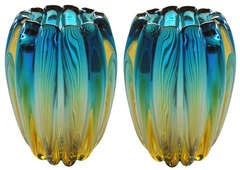 Vintage Shimmering Pr of Murano Melon-Ribbed Teal&Gold Art Glass Vases; Barovier&Toso