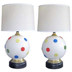 A Whimsical Pair of American White Ceramic Orb-Form Lamps w/Polka Dots