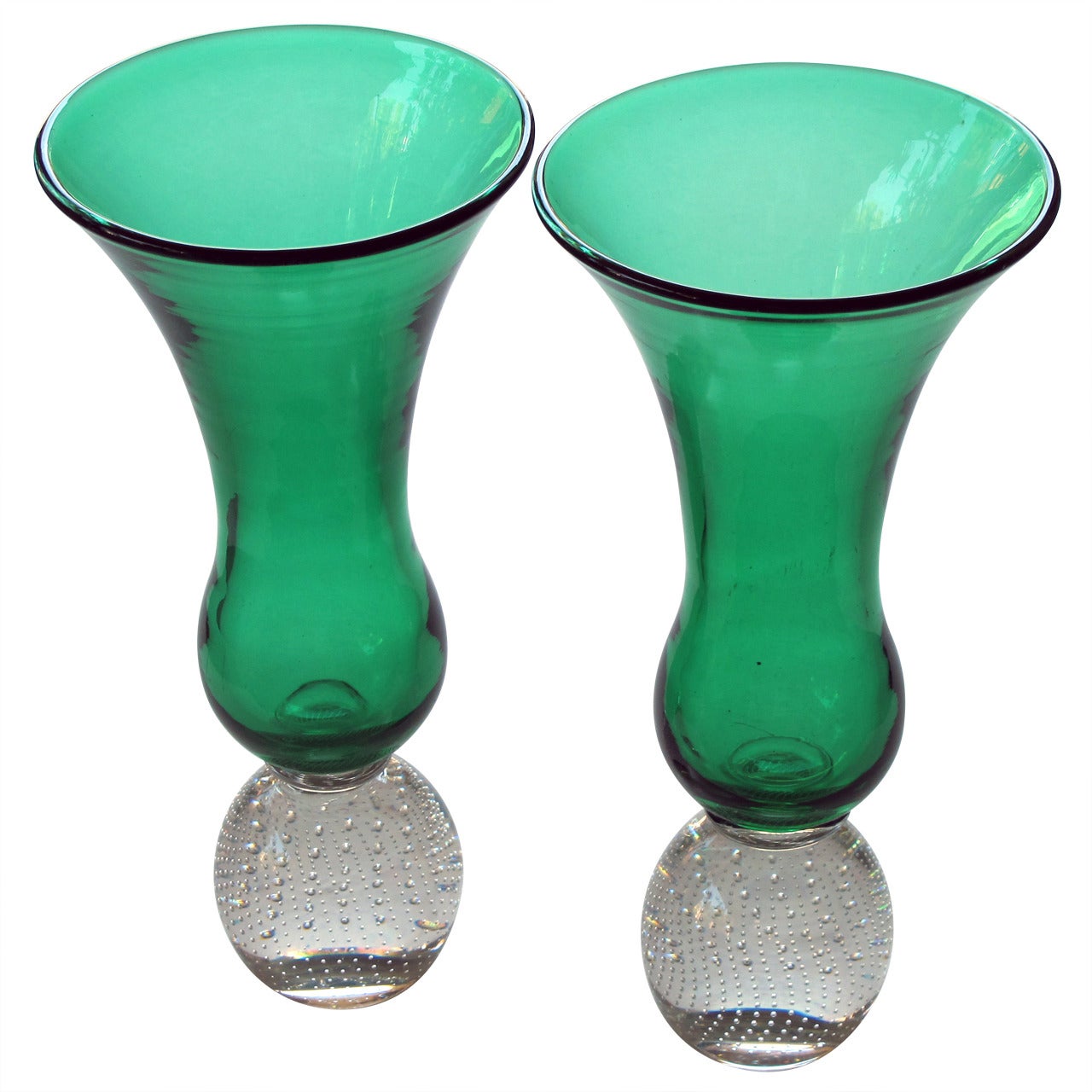 Shapely Pair of American Emerald-Green Trumpet Vases by Pairpoint Glassworks