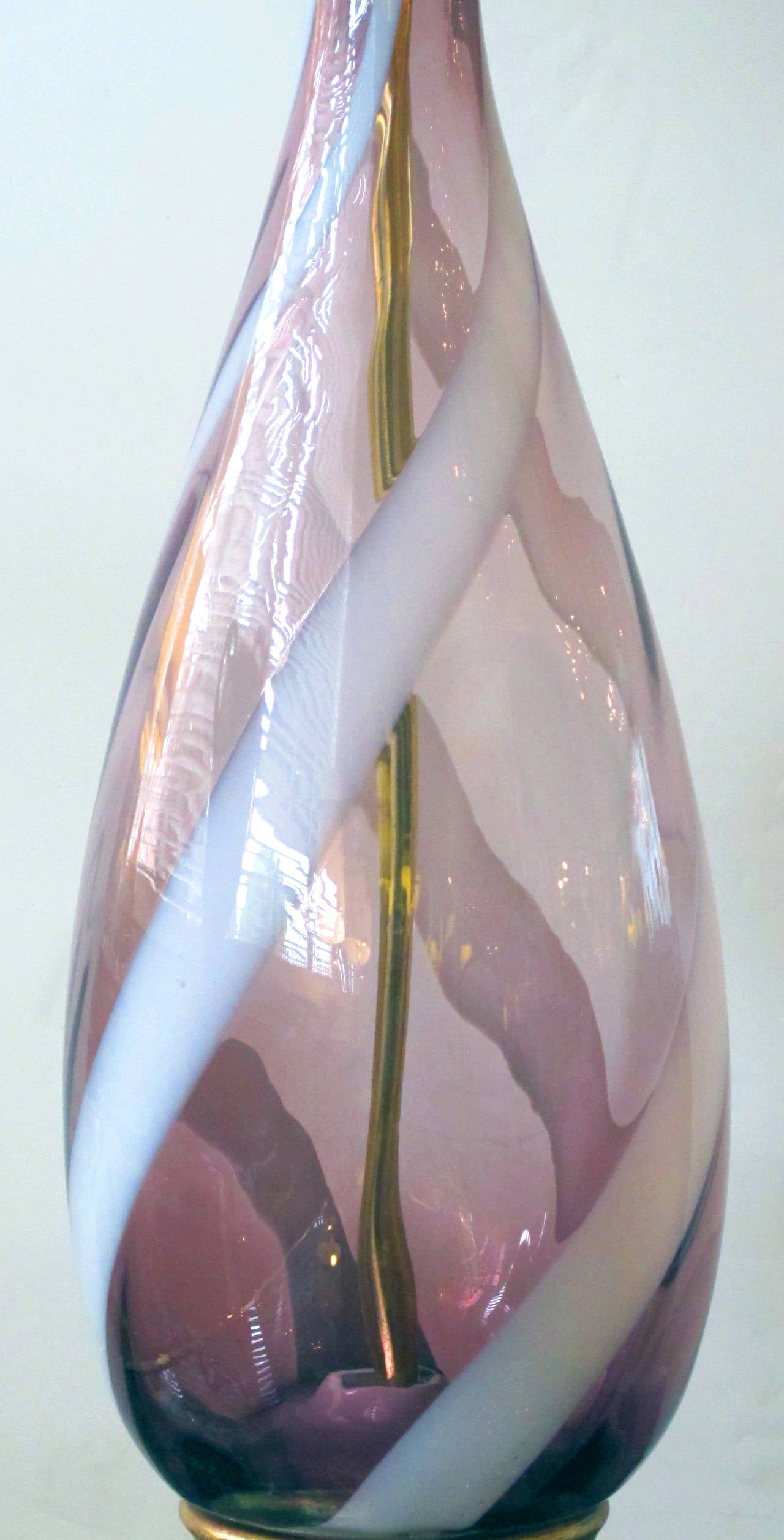 Large Pair of Murano Aubergine and White Swirl Bottle Form Lamps