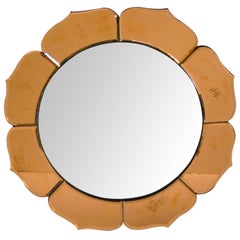Miroir convexe Art Déco français avec pétales de miroir couleur pêche