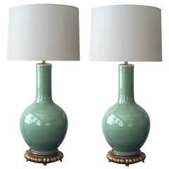 Pair of Mid Century Chinese Celadon Lamps on Giltwood Bases