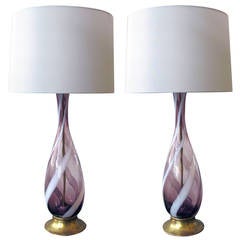 Large Pair of Murano Aubergine and White Swirl Bottle Form Lamps
