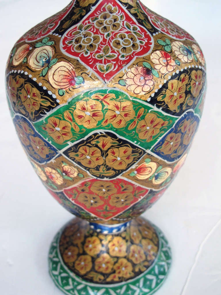20th Century Vibrant and Unusual Pair of Kashmiri Papier Mache Polychromed Urns