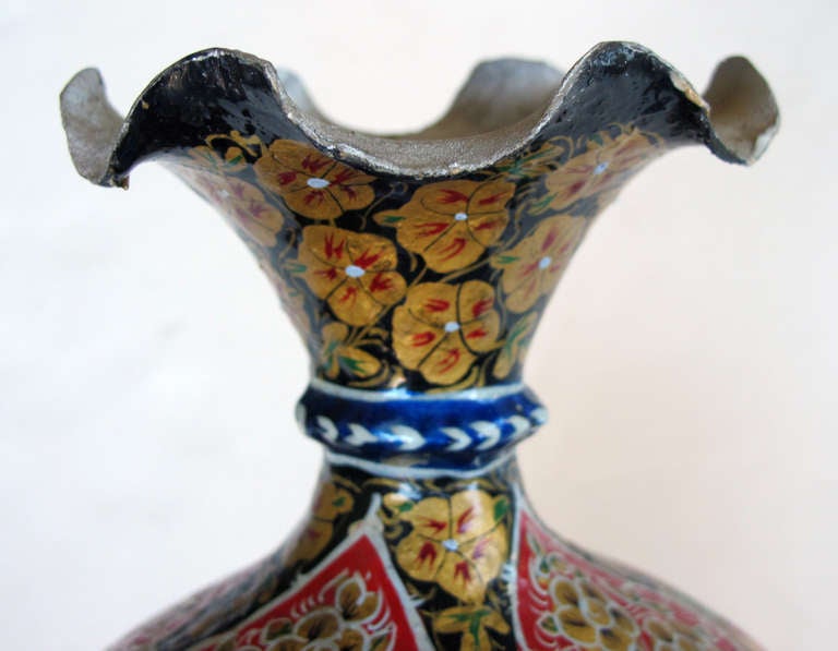 Vibrant and Unusual Pair of Kashmiri Papier Mache Polychromed Urns 1
