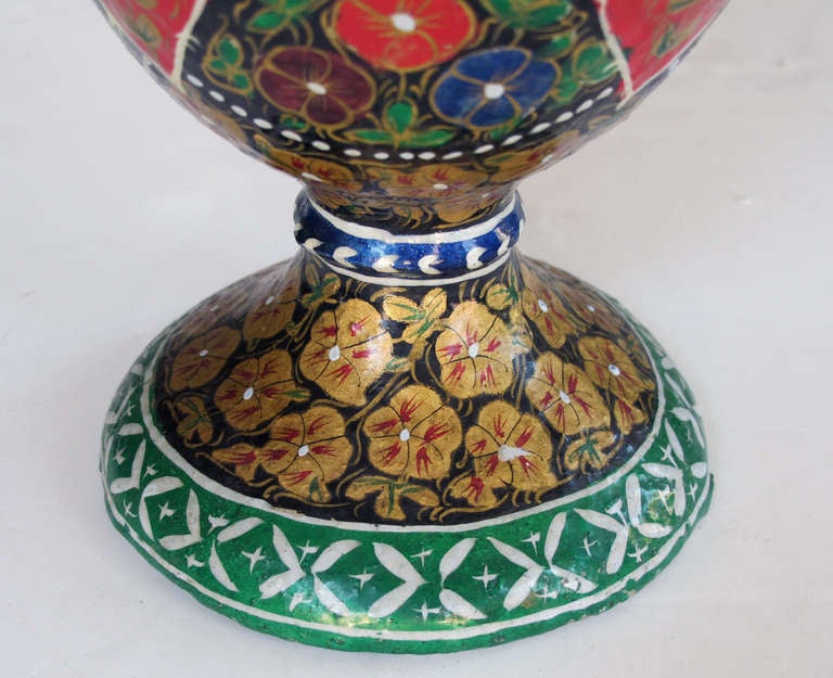 Vibrant and Unusual Pair of Kashmiri Papier Mache Polychromed Urns 2