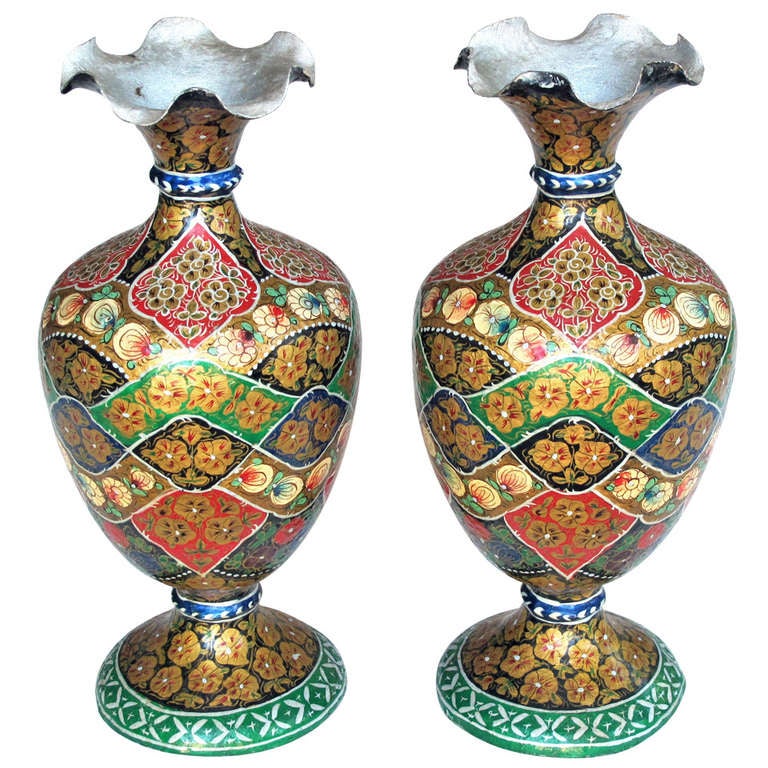 Pair of Papier Mâché and Mother of Pearl Vases For Sale at 1stDibs