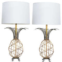 A Whimsical Pair of American Gilt-Metal & Painted Pineapple-Form Wire Lamps by Ferris - Shacknove Designs
