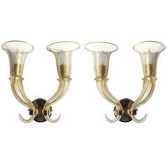 A Stylish & Shimmering Pair of Murano Gold Aventurine Glass 2-Arm Wall Sconces
