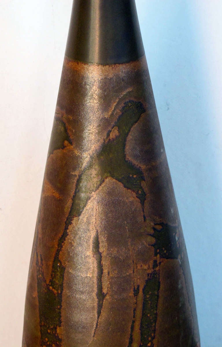 A Tall & Slender Pair of American Brown Glazed Stoneware Bottle-form Vases In Excellent Condition In San Francisco, CA