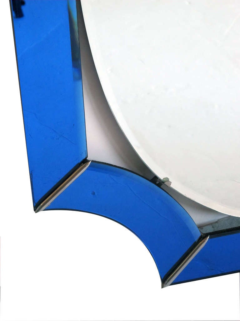Stylish American Art Moderne Oval Mirror w Cobalt MIrrored Frame & Chrome Mounts