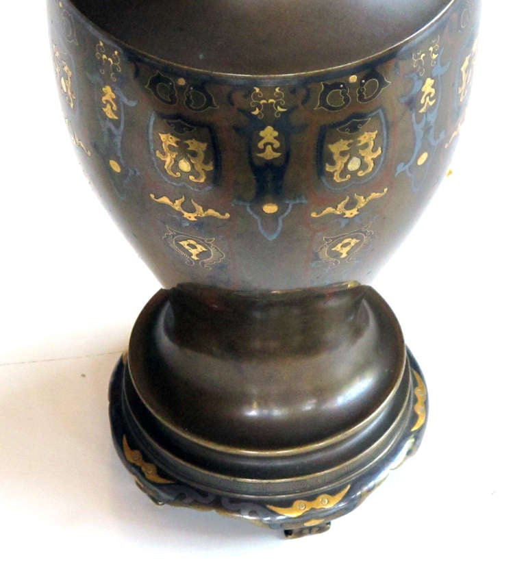 20th Century A Good Quality Pair of Japanese Bronze Urns w/Brass and Pewter Inlay, Now Lamps