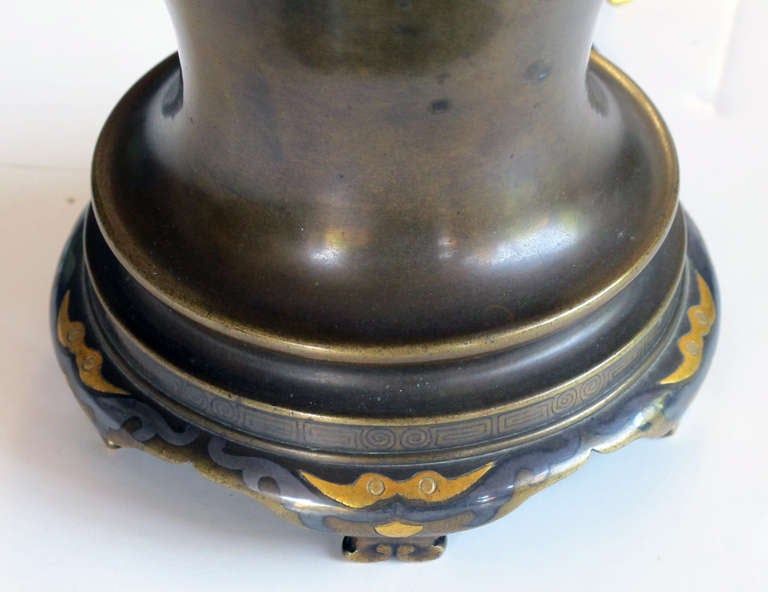 A Good Quality Pair of Japanese Bronze Urns w/Brass and Pewter Inlay, Now Lamps 1