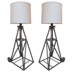Antique A Monumental Pair of French Patinated-Iron Industrial Jacks now Mounted as Floor Lamps