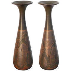 A Tall & Slender Pair of American Brown Glazed Stoneware Bottle-form Vases