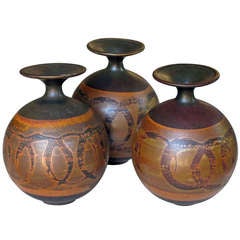 A Portly Set of 3 American 1960's Brown Glazed Stoneware Vases