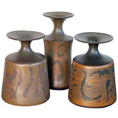 A Robust Set of 3 American 1960's Brown Stoneware Vases; by Designs West