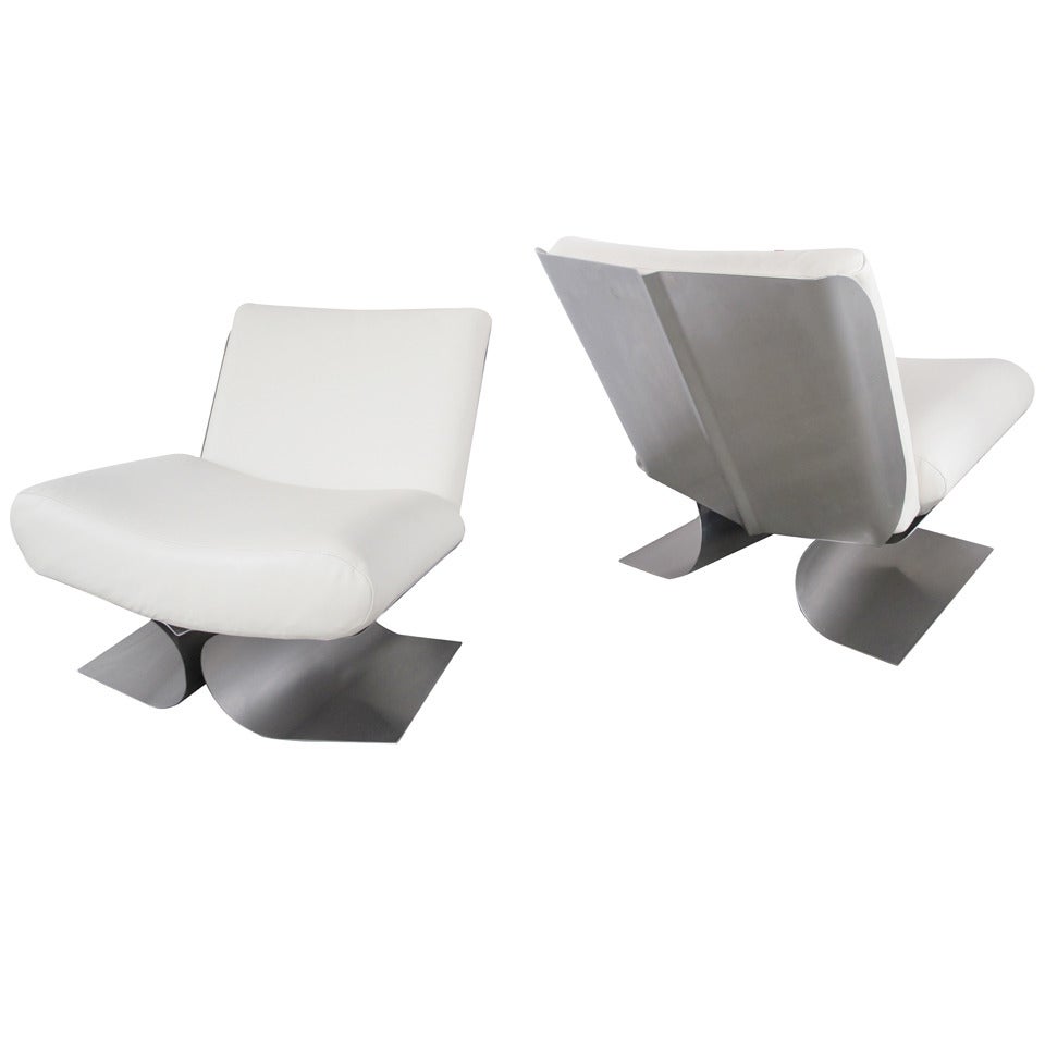 Chic Pair of French 1970's Stainless Steel Slipper Chairs by Francois Monnet