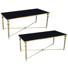 Chic Pair of French 1940s Brass Rectangular Coffee Tables with Black Glass Tops