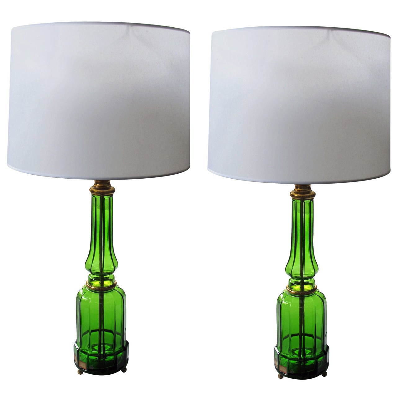 A Good Quality Pair of French Apple-Green Crystal Lamps w Gilt Bronze Mounts