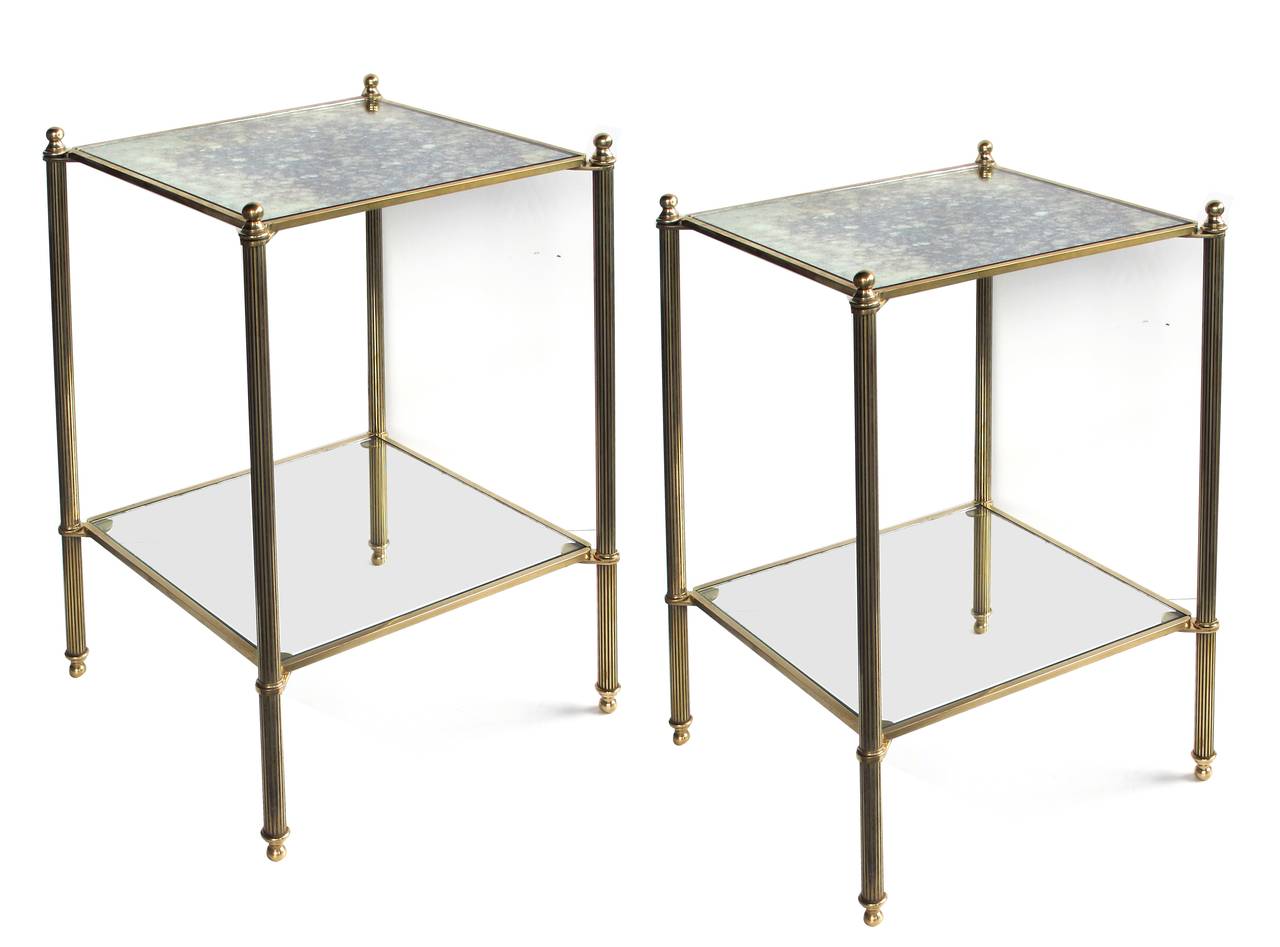 Pair of French Brass Side Tables with Glass or Mirror Shelves by Maison Jansen