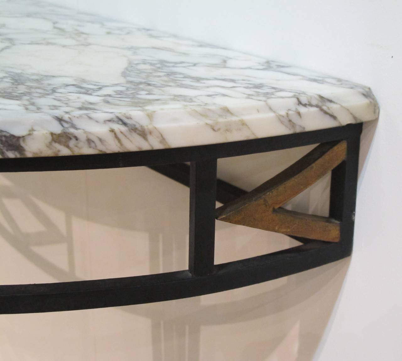 Stylish Pair of Italian 1940s Iron Demilune Console Tables with Gilt Highlights