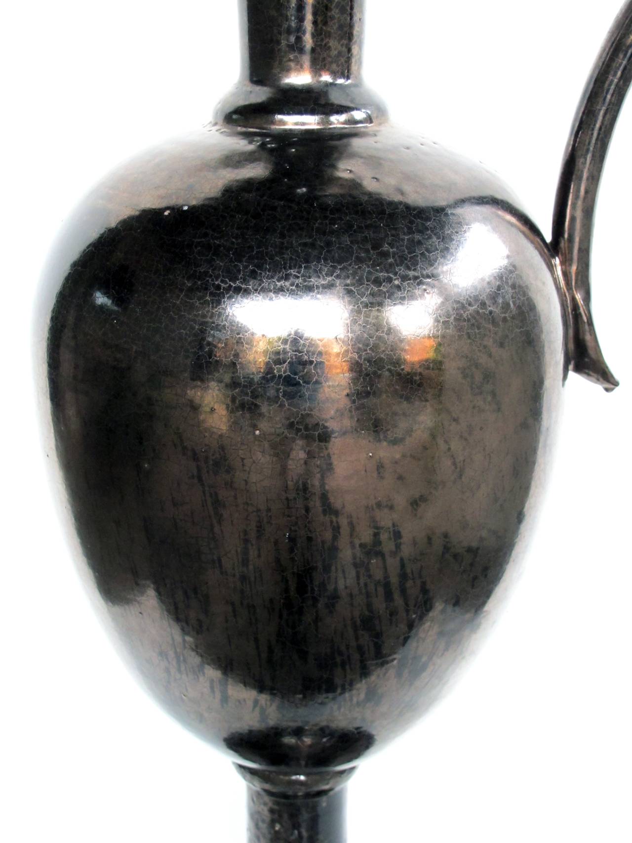A Massive French Ceramic Ewer w Gun Metal Metallic Glaze; Stamped tn d'aveny 1