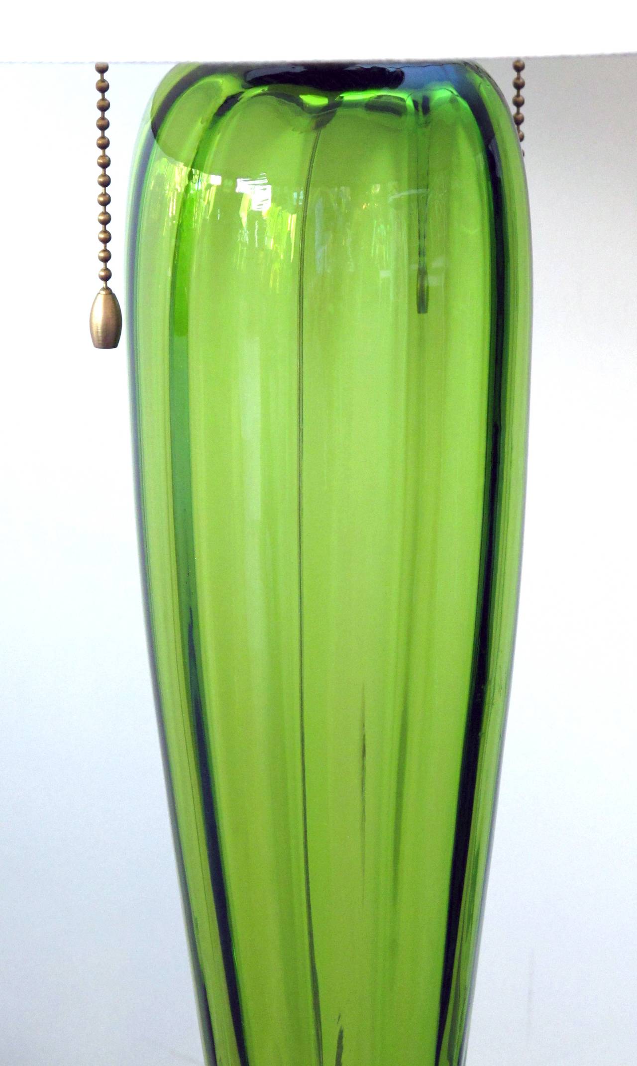Italian A Tall Pair of Murano 1960's Apple Green Art Glass Trumpet Flower Lamps