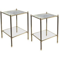 Pair of French Brass Side Tables with Glass or Mirror Shelves by Maison Jansen