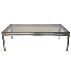Classic French Brushed-Steel and Brass Coffee Table by Guy Lefevre