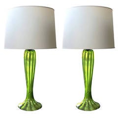 A Tall Pair of Murano 1960's Apple Green Art Glass Trumpet Flower Lamps