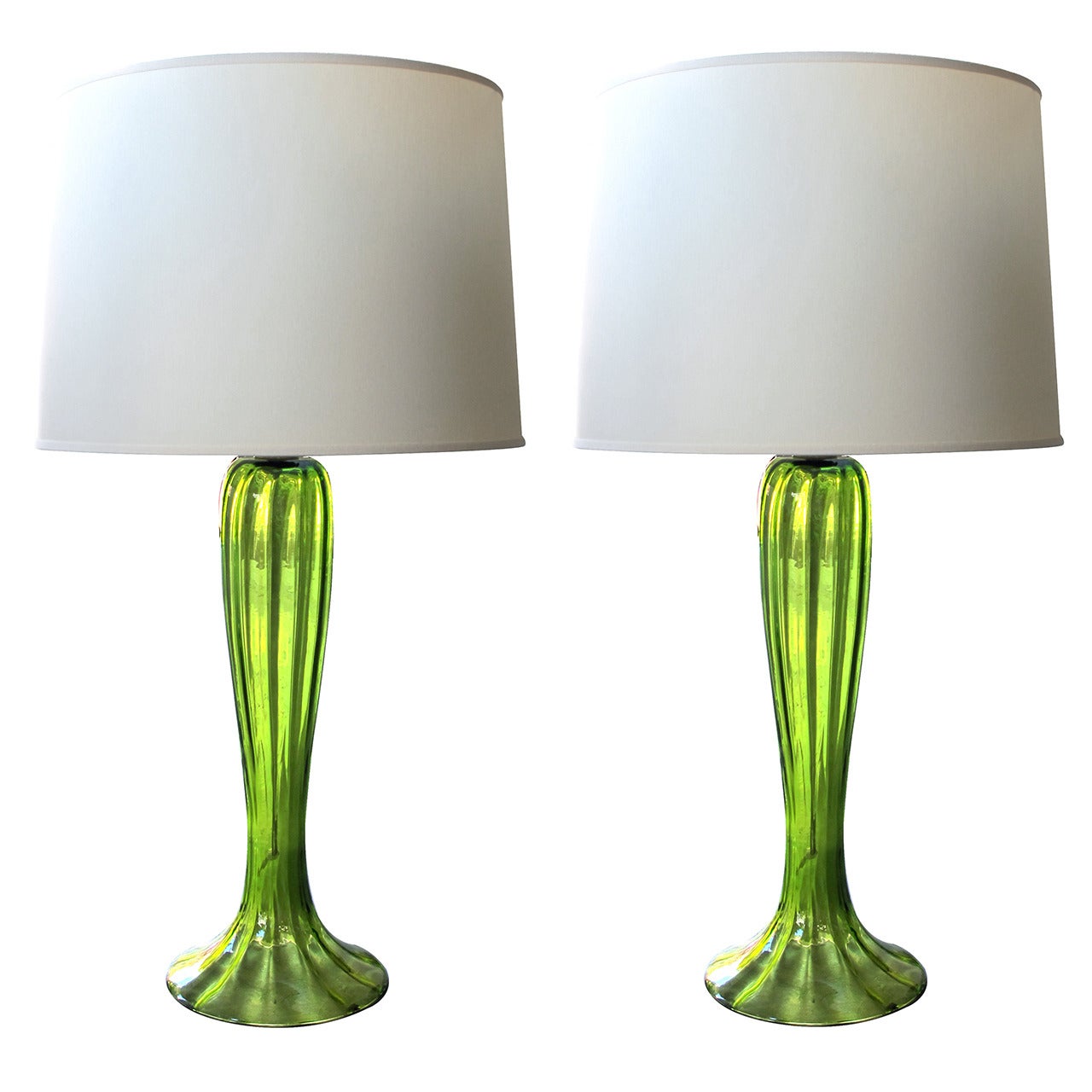 A Tall Pair of Murano 1960's Apple Green Art Glass Trumpet Flower Lamps