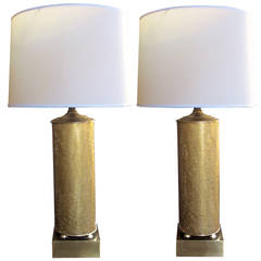 A Pair of Hollywood Regency Cylindrical Gold Crackle Glass Lamps by Paul Hanson