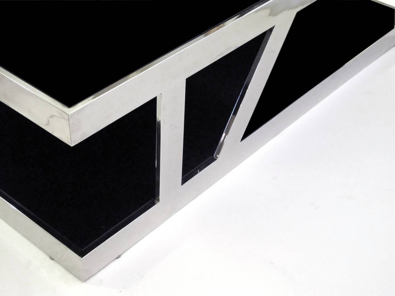 Large French Square Chrome Coffee Table with Black Glass Top and Shelf